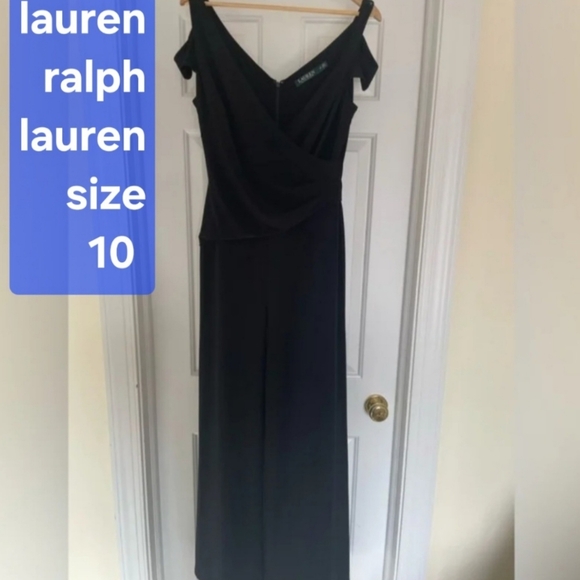 $225 NEW LRL 10 TALL classy dressy black peep shoulder wideleg jumpsuit - Picture 1 of 9